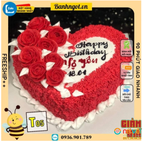 Bánh sinh nhật hình trái tim đỏ - Size 20