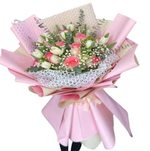 Bó hoa hồng song hỷ kết hợp tulip