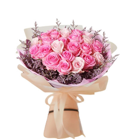 New Rose: Bó hoa giấy hồng gói hoa hồng sen xen thêm mấy bông hoa hồng kem, viền hoa sao tím phía ngoài