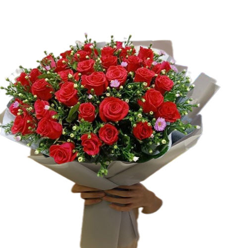 Bó hoa hồng đỏ kết hợp hoa thảo tím