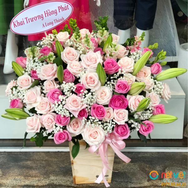 Shop hoa tphcm hộp hoa chúc mừng khai trương chúc công việc thuận lợi, phát triển